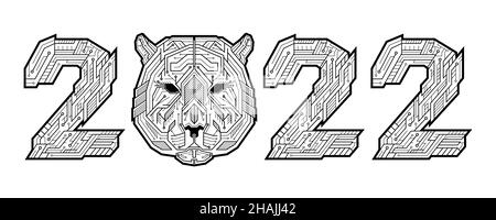 2022 numbering with a cyber head of the tiger. The symbol of the year 2022 to the oriental Chinese calendar. Outlined vector illustration in abstract Stock Vector