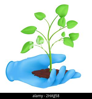 Hand in a rubber glove holding soil with a young green plant with leaves. Ecology concept of environmental protection. Vector illustration of growing Stock Vector