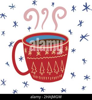Hot drink tea cofee cup with ornament. Cozy winter holiday illustration. EPS 10 Stock Vector