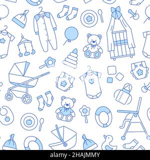 Thin line baby seamless pattern Outline background Stock Vector