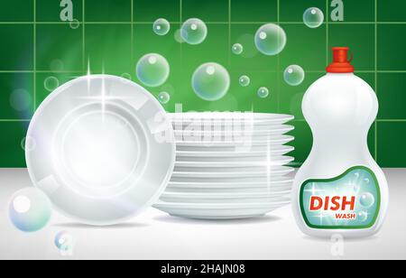 Dishes clean shining plates and dishwashing detergent in packaging, mockup advertisement, vector illustration. Stock Vector