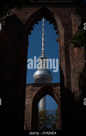 Vertical shot of the Berlin TV Tower, Berliner Fernsehturm. Germany. Stock Photo