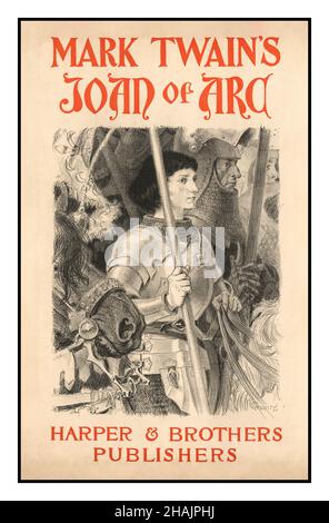 Mark Twain's Joan of Arc / Grasset 1894. Lithograph Poster showing Joan of Arc in armour with a group of soldiers on horseback. Grasset, Eugène, 1841-1917, artist Joan of Arc Saint 1412-1431 Soldiers--French Book & magazine posters--American--1890-1900. Lithographs--Color--1890-1900. Stock Photo