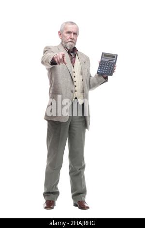 elderly business man with a calculator. isolated on a white Stock Photo