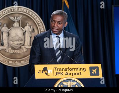 New York, NY - December 13, 2021: Executive Chair of The New Terminal One Dr. Gerrard P. Bushell speaks during Governor Kathy Hochul announcement to build new international terminal at JFK airport at NYC governor office Stock Photo