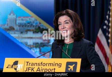 New York, USA. 13th Dec, 2021. Governor Kathy Hochul makes an announcement to build new international terminal at JFK airport at NYC governor office in New York on december 13, 2021. Governor announced that the Port Authority of New York and New Jersey has reached a revised agreement with The New Terminal One - a consortium of private/public financial sponsors - to build a 2.4 million square foot state-of-the-art new international terminal that will anchor the south side of John F. Kennedy International Airport. (Photo by Lev Radin/Sipa USA) Credit: Sipa USA/Alamy Live News Stock Photo