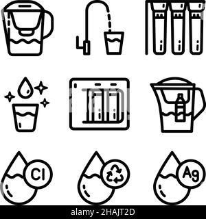 Water purification outline icon set. Wastewater treatment collection. Flat line design. Stock Vector