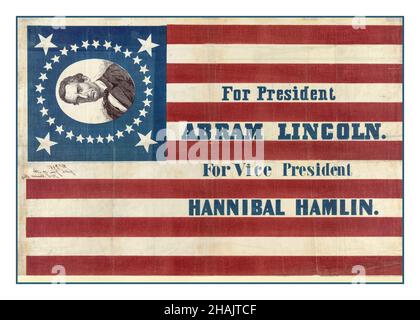 ABRAHAM LINCOLN 1860 USA Election Poster Flyer votes voting for President (Abram) ABRAHAM Lincoln. For vice president, Hannibal Hamlin For president, Abra[ha]m Lincoln. For vice president, Hannibal Hamlin. Illustration large campaign banner for Republican presidential candidate Abraham Lincoln and running mate Hannibal Hamlin. Lincoln's first name is here as 'Abram.' The banner consists of thirty-three star American flag pattern printed on cloth. In one corner, a bust portrait of Lincoln, without beard, encircled by stars, appears on a blue field. Howard, H. C. artist Stock Photo