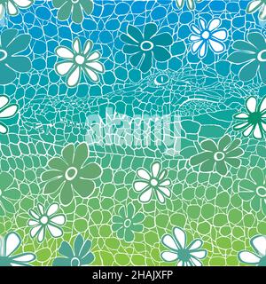 Background with green and blue crocodile skin and turtle Stock Vector