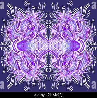 Colorful space psychedelic trippy abstract texture, bright purple blue gradient, white outline color, isolated on violet background. Stock Vector