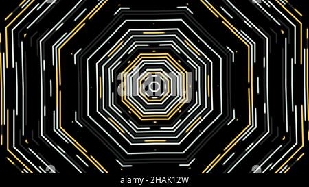 Beautiful neon geometric lines and patterns rotating in octagon on the black background. Animated neon kaleidoscopes Stock Photo