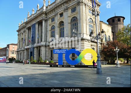 TURIN, ITALY - Nov 12, 2021: A huge billboard and fan village in the square for the oncoming Nitto ATP finals tournament, Turin Stock Photo