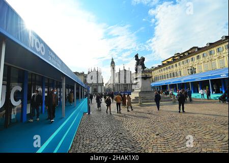 TURIN, ITALY - Nov 12, 2021: A huge billboard and fan village in the square for the oncoming Nitto ATP finals tournament, Turin Stock Photo