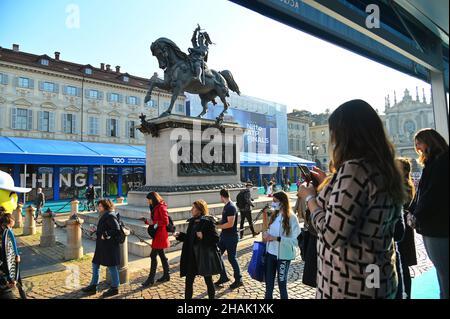 TURIN, ITALY - Nov 12, 2021: A huge billboard and fan village in the square for the oncoming Nitto ATP finals tournament, Turin Stock Photo