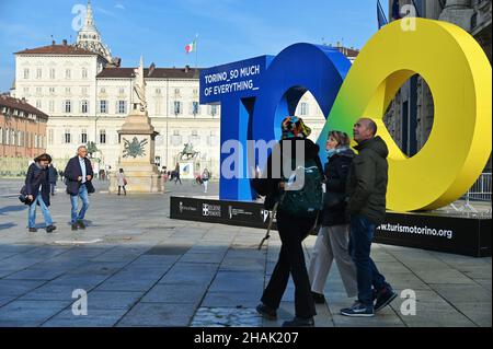 TURIN, ITALY - Nov 12, 2021: A huge billboard and fan village in the square for the oncoming Nitto ATP finals tournament, Turin Stock Photo