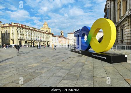 TURIN, ITALY - Nov 12, 2021: A huge billboard and fan village in the square for the oncoming Nitto ATP finals tournament, Turin Stock Photo