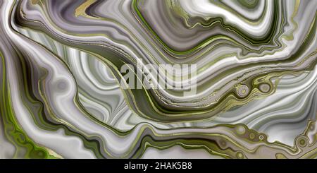 Beautiful abstract green grey agate background, golden veins, artificial stone, marble texture, luxurious marbled surface, digital marbling. Horizontal illustration Stock Photo