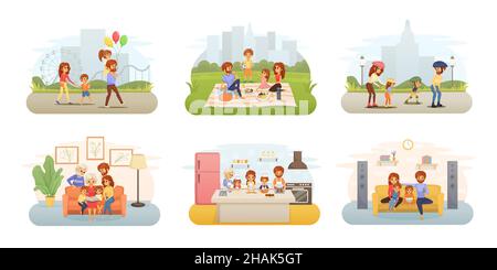 Family holidays flat cartoon icon set children and their parents visit the amusement park have a picnic go roller skating watch TV together cook and r Stock Vector