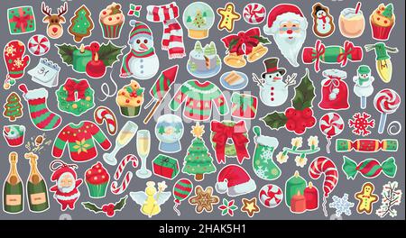 Collection of hand drawn festive Christmas and New Year celebration related objects and elements. Stock Vector