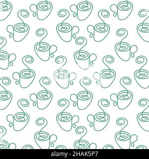 Abstract Seamless pattern of cups in a minimalistic line art style in one continuous line in monochromatic green color. Repeating texture for design of wrapping paper, napkins, menus, fabrics. Hand drawn. Vector graphics. Vector illustration Stock Vector