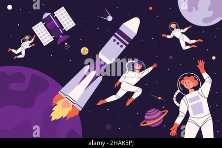 Flat space composition abstract situation astronauts are in weightlessness in space and around them satellites space stations and planets Stock Vector