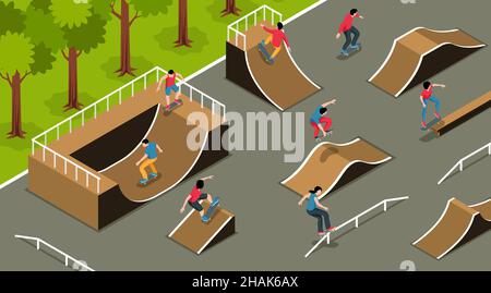 Skate park composition with extreme sport symbols isometric vector ...