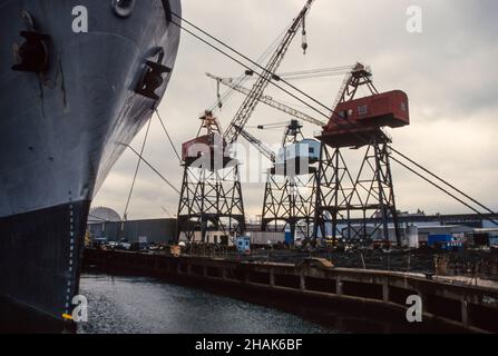 ship next to cranes in Brooklyn Navy Yard NYC Stock Photo