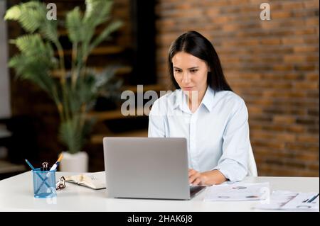 Beautiful successful smart focused young adult caucasian brunette business woman, manager or financial consultant sitting at table in the office, wearing stylish clothes, using a laptop Stock Photo