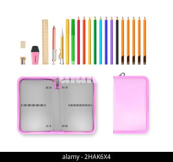 Realistic school accessories open and closed empty pencil case isolated against white background vector illustration Stock Vector