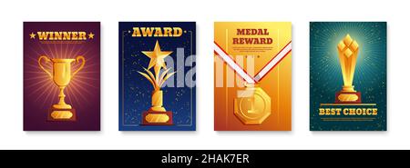 Custom design winners awards cups trophies sport achievements medals 4 realistic colorful backgrounds posters set vector illustration Stock Vector