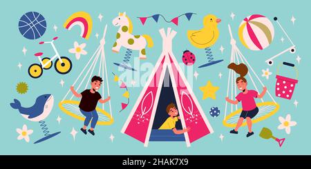 Flat set with happy children colored equipment and objects for kids playground and playing isolated vector illustration Stock Vector