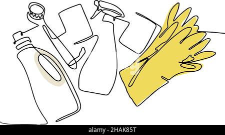 Continuous line draw of cleaning procucts Stock Vector