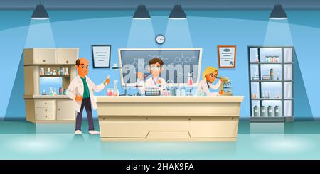Scientists cartoon composition with indoor scenery cabinets with jars blackboard and scientists performing experiment vector illustration Stock Vector