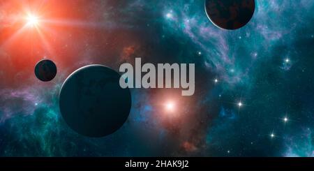 Planets and exoplanets of unexplored galaxies. Sci-Fi. New worlds to discover. Colonization and exploration of nebulae and galaxies. Stock Photo