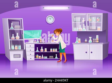 Scientists colored and cartoon composition woman scientist studying something with microscope in laboratory vector illustration Stock Vector