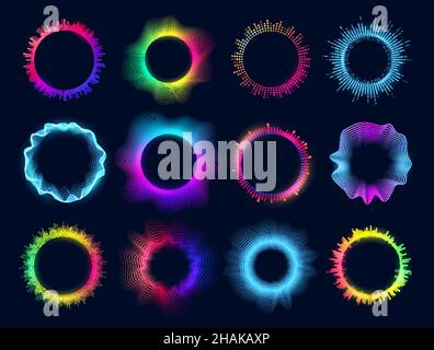 Neon circles of sound wave and audio equalizer, vector round glow of music and voice assistant. Voice recognition app soundwave signs, digital communi Stock Vector