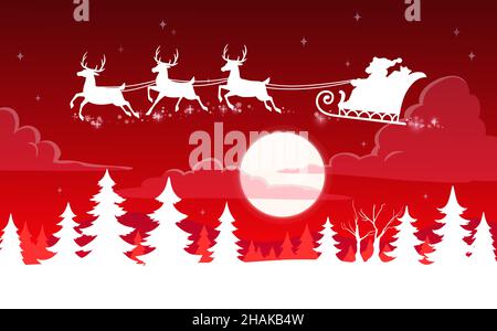 Christmas Santa sleigh on night moon sky vector silhouettes. Xmas reindeer sledge and Santa Claus flying in night sky with snow, clouds and snowflakes Stock Vector