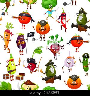 Cartoon captain and sailor pirate or corsair vegetable characters, vector seamless pattern background. Funny vegetable pirates broccoli and carrot, to Stock Vector
