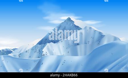 Realistic mountains composition with horizontal landscape and cliffs covered with snow with blue sky and clouds vector illustration Stock Vector