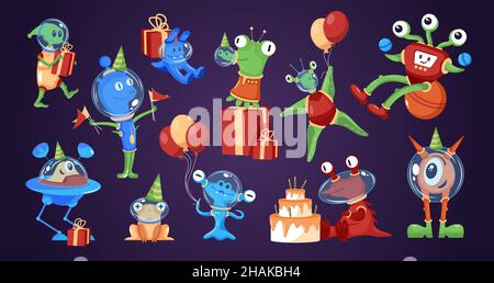 Funny aliens with presents balloons in birthday party hats tasting tier cake cartoon characters set vector illustration Stock Vector