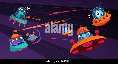 Aliens space ship composition with cartoon characters of space monsters shooting laser flying on ufo spacecrafts vector illustration Stock Vector