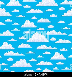 Seamless pattern, white pixel fluffy bubble clouds on blue sky, vector background. Cartoon 8 bit game clouds for game UI levels, cloudscape with cloud Stock Vector