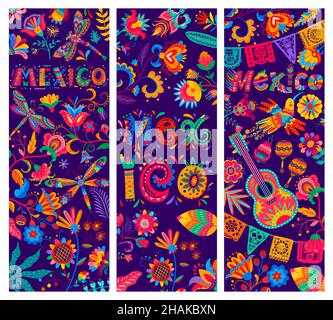 Cartoon Mexican banners. Vector flowers, hummingbird and papel picado flags, dragonflies, guitar and maracas pattern. Bright color floral ornament wit Stock Vector