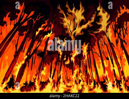 Forest fire or wildfire danger disaster, burning forest trees and bushes, vector background. Wall of wildfire in forest, destructive fire of natural d Stock Vector