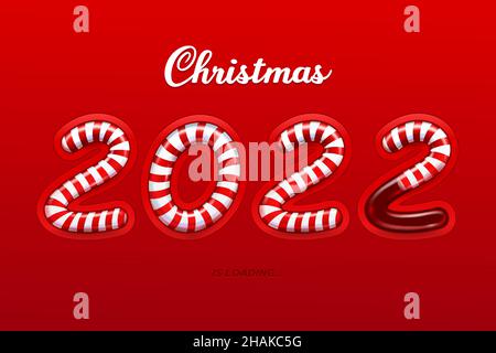 Christmas loading vector progress bar in shape of New Year 2022 numbers, filled with Xmas candy canes. Realistic numbers made of red white Christmas s Stock Vector