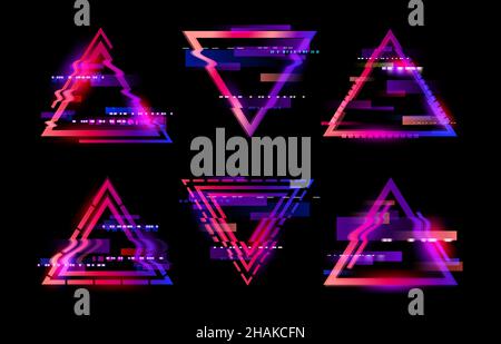 Neon glitched triangle frames, abstract distorted digital technology vector background. TV glitch effect of broken signal error on screen or display, Stock Vector
