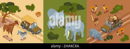 Isometric safari design concept with images of wild elephants giraffe and zebras with tourists on cars vector illustration Stock Vector