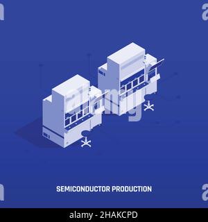 Semiconductor electronic components isometric composition with editable text and view of two work stations with stools vector illustration Stock Vector