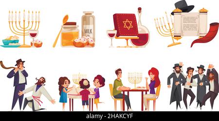 Cartoon compositions set with happy jewish people celebrating hanukkah various holiday symbols and items isolated vector illustration Stock Vector