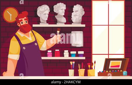 Professional art shop with various goods for artists on shelves and seller holding brush cartoon vector illustration Stock Vector